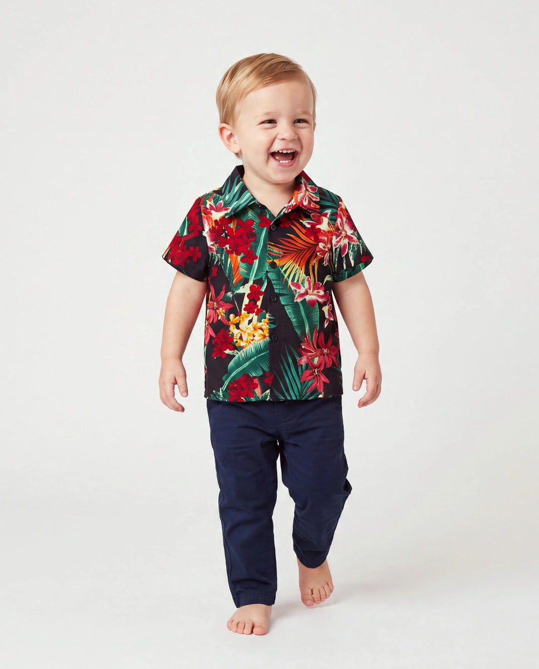 Conjuntos familiares a juego para papá y yo Vestidos halter con estampado floral de plantas por completo y conjuntos de camisas de manga corta Negro