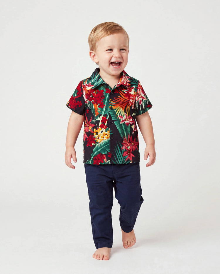 Conjuntos familiares a juego para papá y yo Vestidos halter con estampado floral de plantas por completo y conjuntos de camisas de manga corta Negro