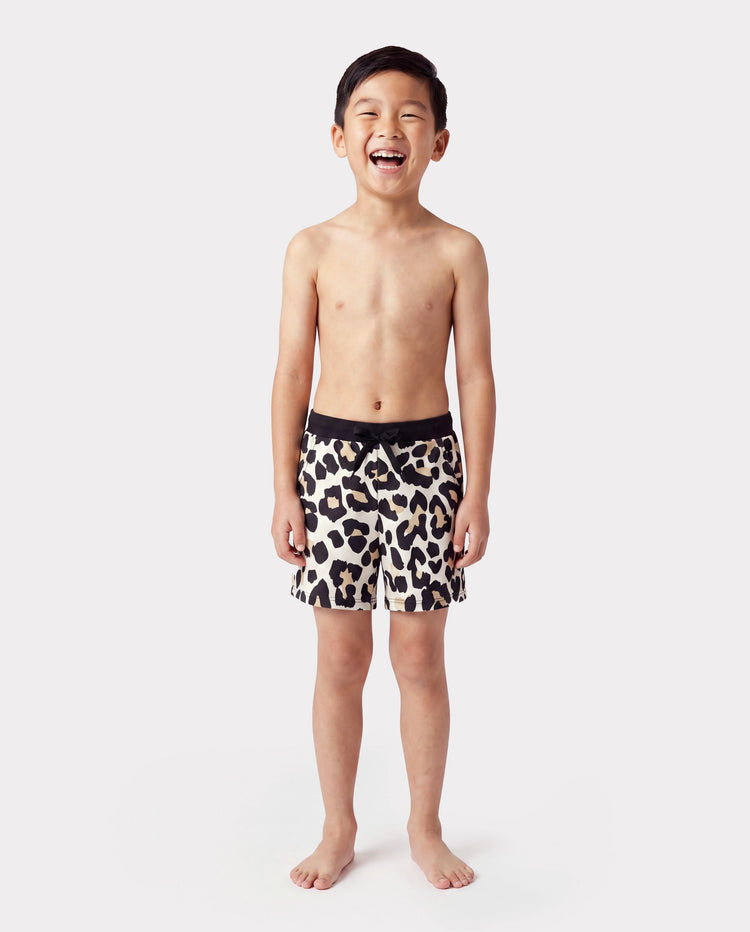 Daddy & Son Leopard Pattern Drawstring Swim Trunks Black