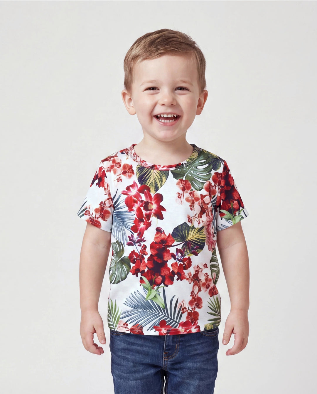 Daddy & Son Floral Print Outfits Tropical Print Spaghetti Strap Body-con Dress for Mom & Daughter, Color-Blocked T-Shirts for Dad & Son Perfect for Summer Vacations & Family Photos Red