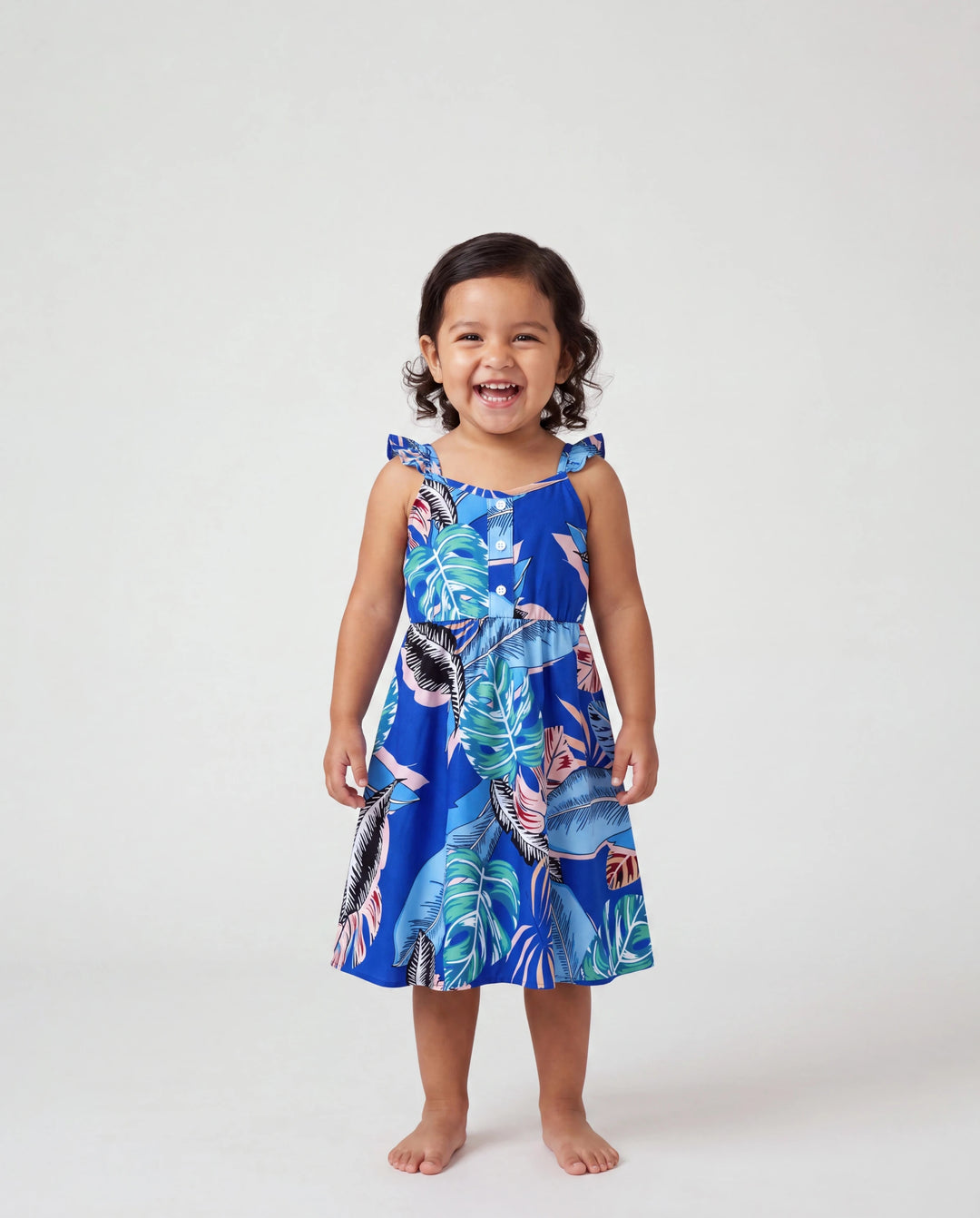 Ensemble robe & tee-shirt tropical Papa & Fille – Imprimé floral bleu pour Papa, Maman, filles & bébé, Parfait pour vacances d'été et photos de famille Bleu