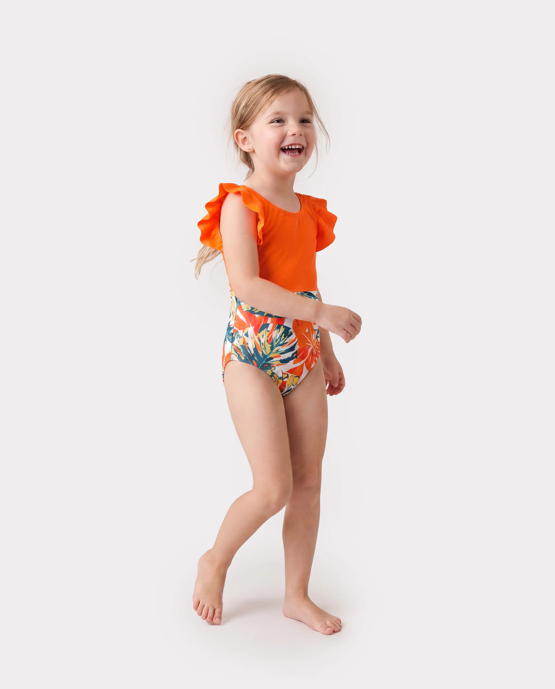 Family Matching Orange and All Over Tropical Plant Print Splicing Ruffle One-Piece Swimsuit and Swim Trunks Shorts Orange color
