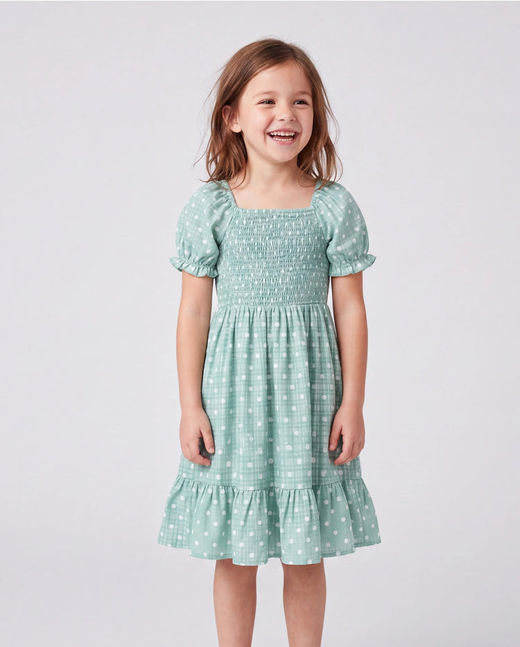 Mommy & me T-Shirt & Dress Set Polka Dot Puff-sleeve Dress for Mom, Daughter & Baby, Color Block Cotton Tee for Dad & Son, Perfect for Family Outings & Photos Light Green