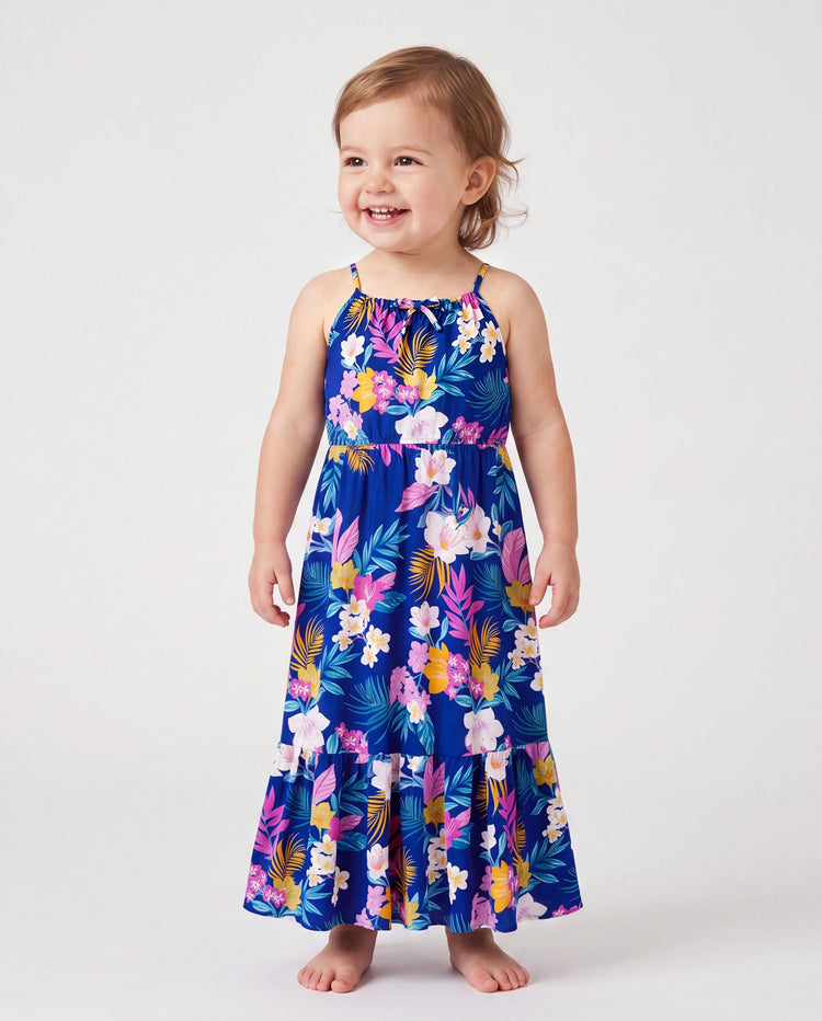 Mommy and Me Matching Family Hawaiian Outfits Tropical Floral Print Strap Dress or Short-sleeve Shirts & Shorts Set Summer Beachwear Set for Vacation  Deep Blue