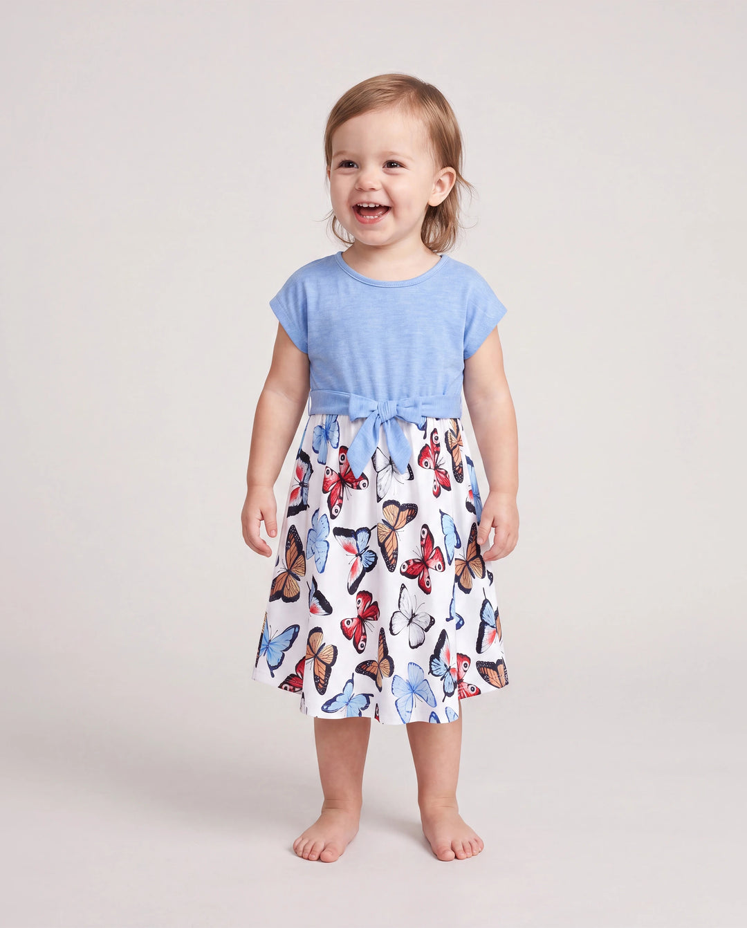 Family Matching Sets Butterfly Soft Casual Tee & Below Knee Dresses with Belted Design Blue Light Blue