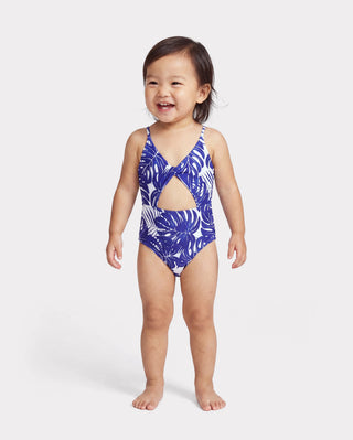 Mama & ich Tropischer Blattdruck Cut-Out Kreuzträger Einteiler Badeanzug Blau