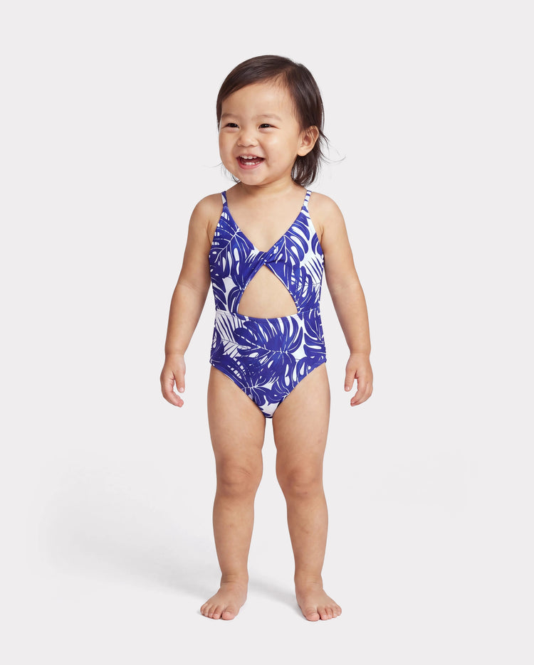 Maman et moi Maillot de bain une-pièce à bretelles croisées et découpe imprimé feuilles tropicales Bleu