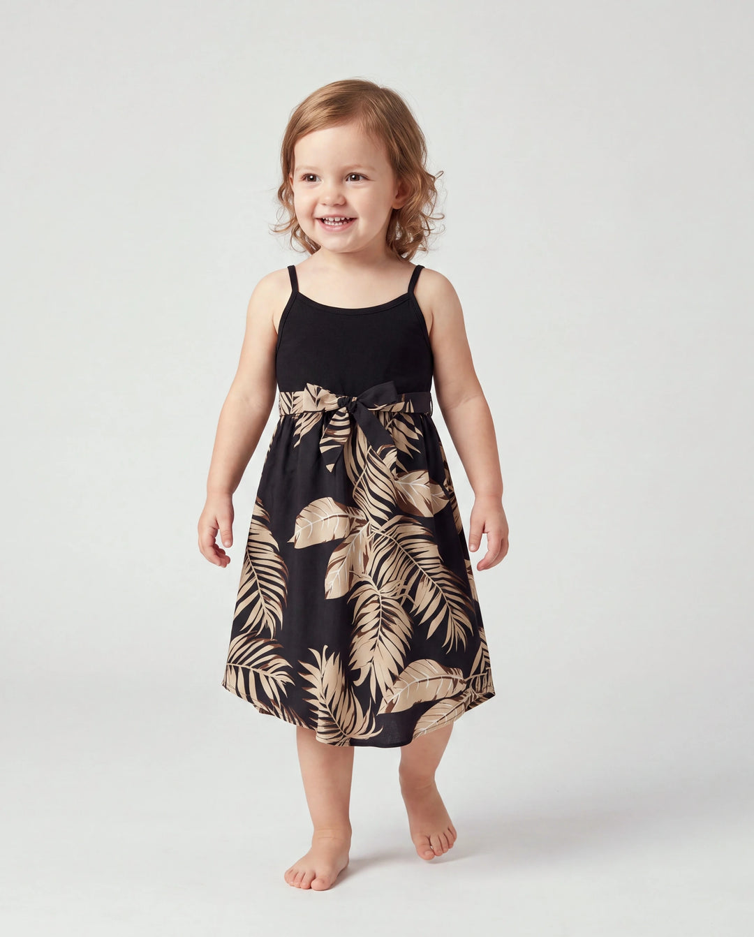 Mommy and Me Family Matching Floral Print Belted Cami Dresses And Solid Short Sleeve Tops Sets Black