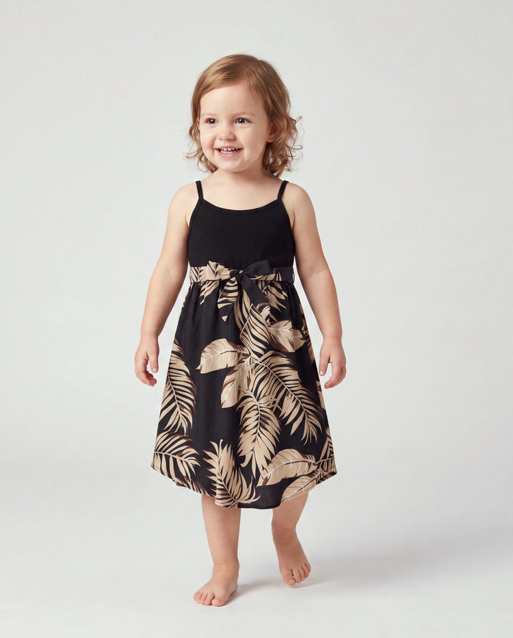 Mommy and Me Family Matching Floral Print Belted Cami Dresses And Solid Short Sleeve Tops Sets Black