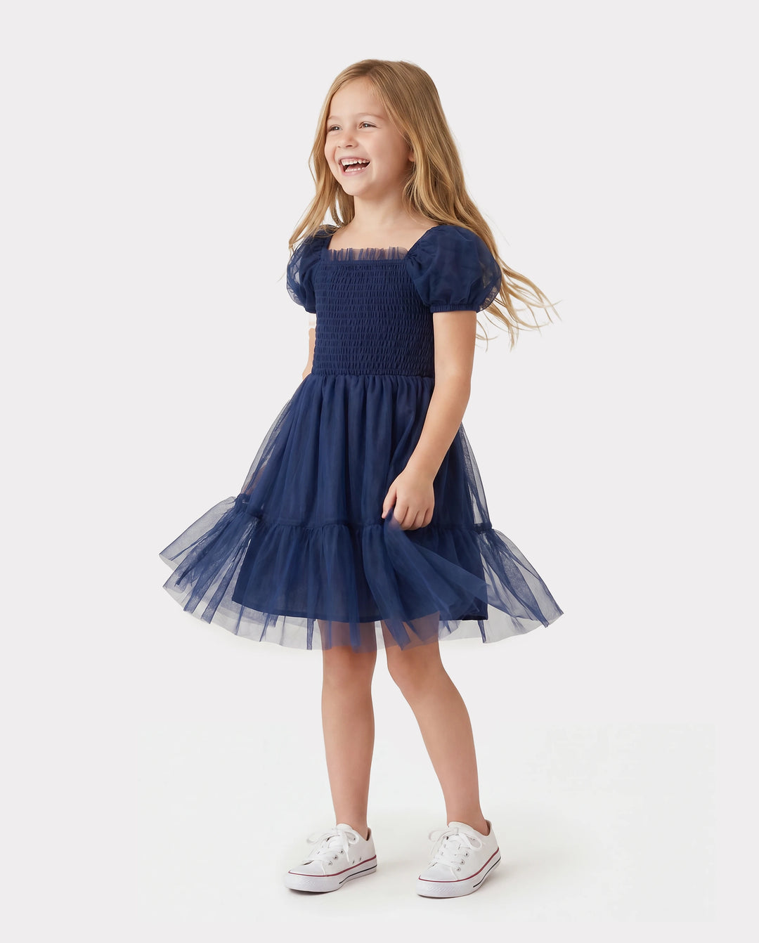 Passende Familien-Sets Kariertes langärmeliges Hemd oder elegantes gerafftes Mieder Puffärmel Tüll-Mesh-Kleid Königsblau