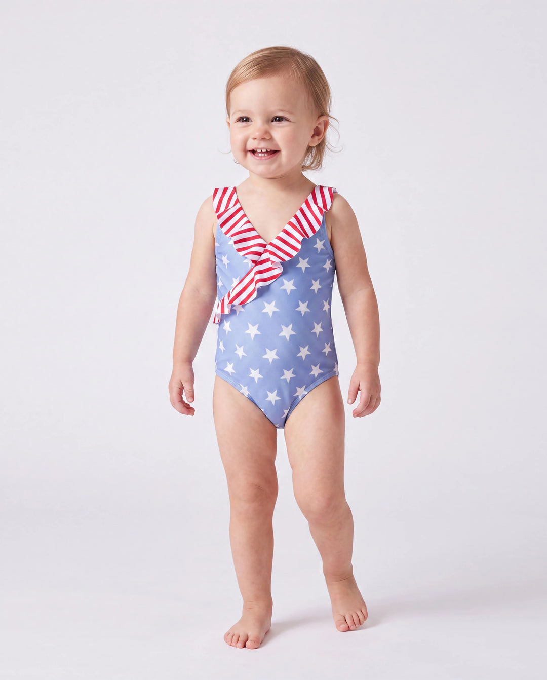 Trajes de baño patrióticos a juego para la familia, Día de la Independencia, 4 de julio, con estrellas y rayas, pantalones cortos o capas con volantes, trajes de baño de una pieza con cuello en V, azules