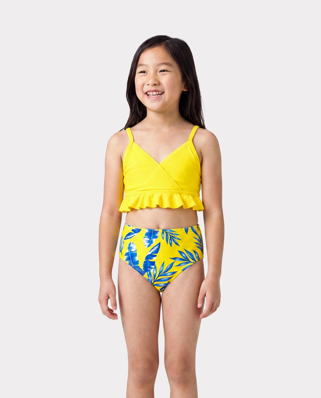Bañadores con estampado de hojas amarillas o bikini con mangas de volantes fruncidas y cubierta opcional para papá e hija Amarillo
