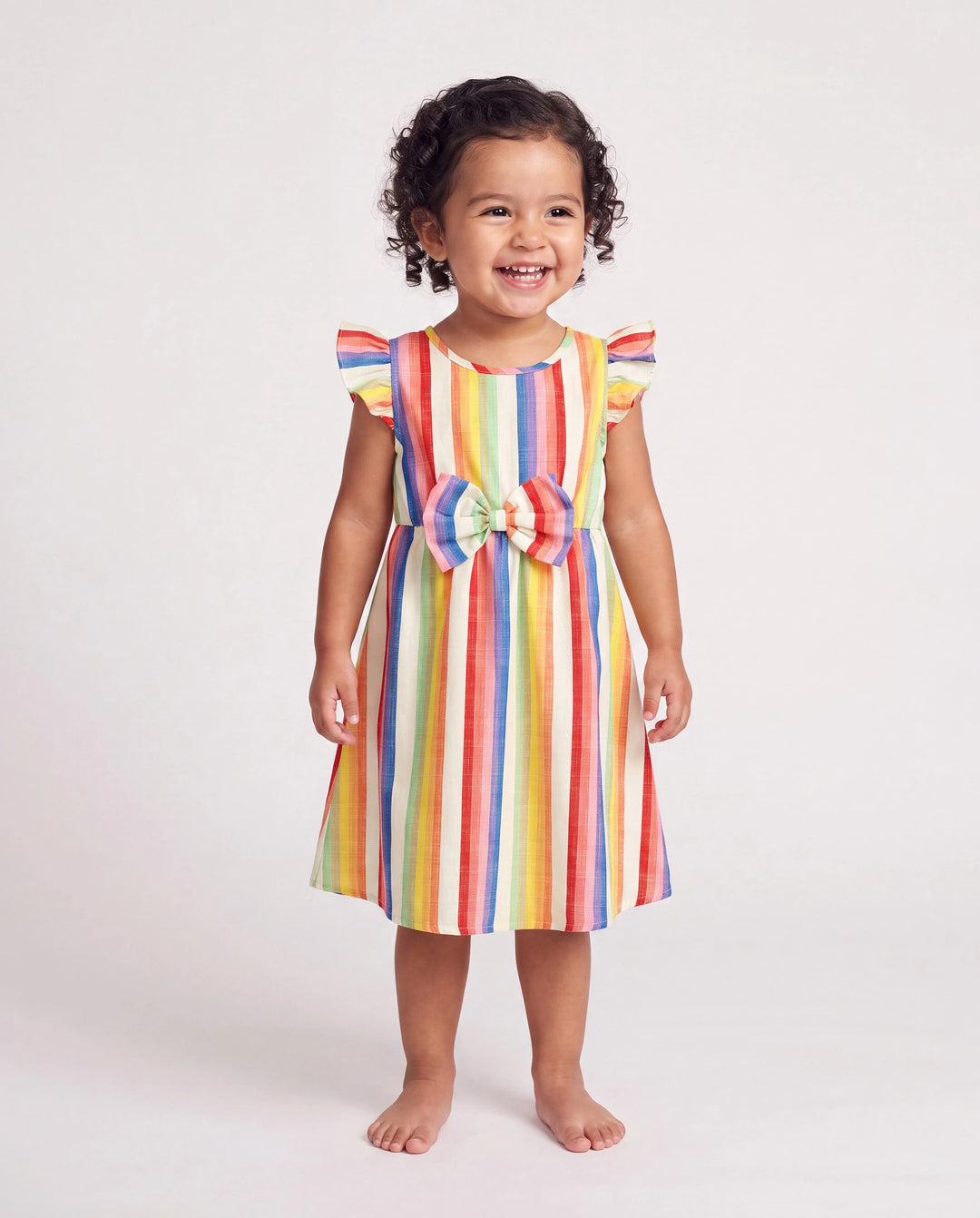 Family Matching Colorful Striped V Neck Flutter-sleeve Dresses and Short-sleeve T-shirts Sets COLOREDSTRIPES