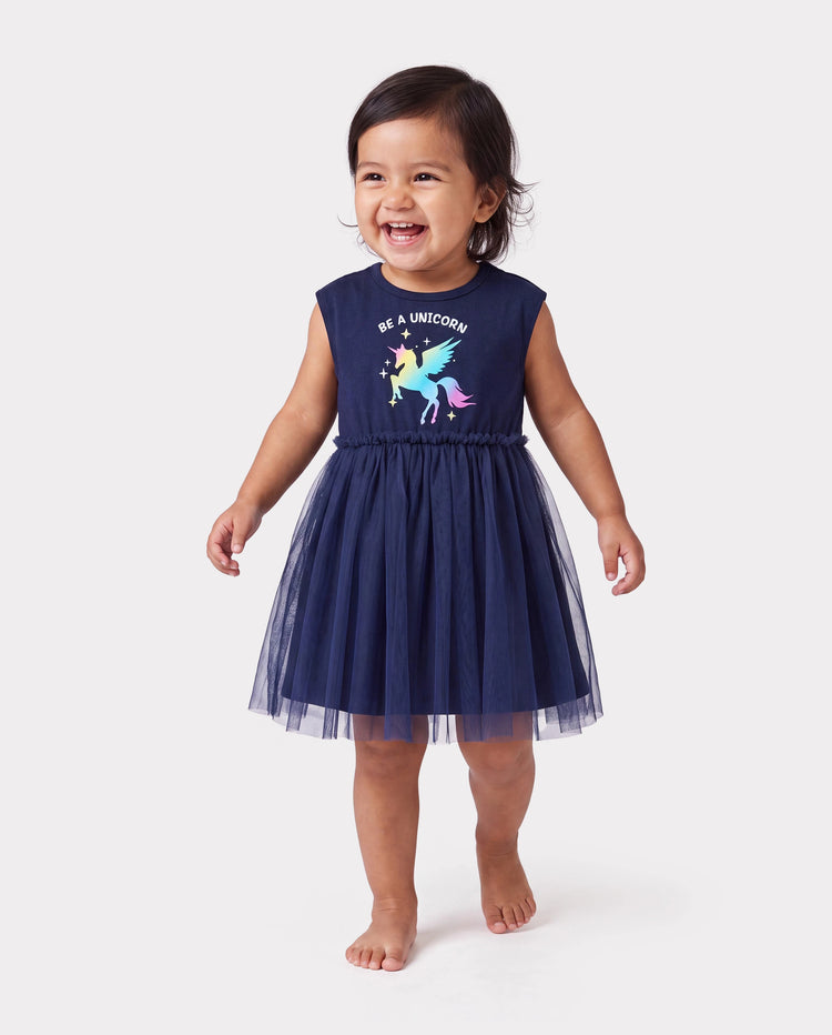 Passende Baumwollkleider für Mama & Ich mit Einhorn-Print und Tüllrock für Mädchen, geknotetes Kleid für Mama, perfekt für Familienausflüge und Fotos, Dunkelblau