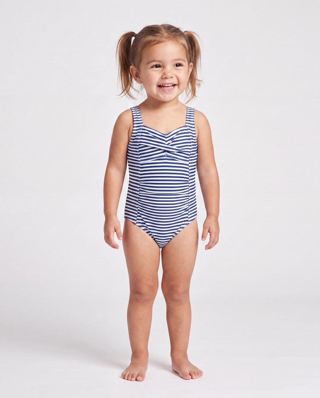 Traje de baño de rayas a juego para toda la familia o traje de baño de una pieza con tirantes azul oscuro y blanco