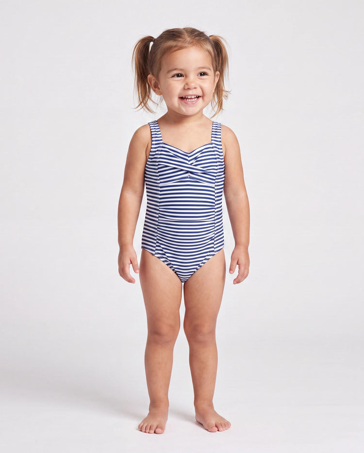 Traje de baño de rayas a juego para toda la familia o traje de baño de una pieza con tirantes azul oscuro y blanco