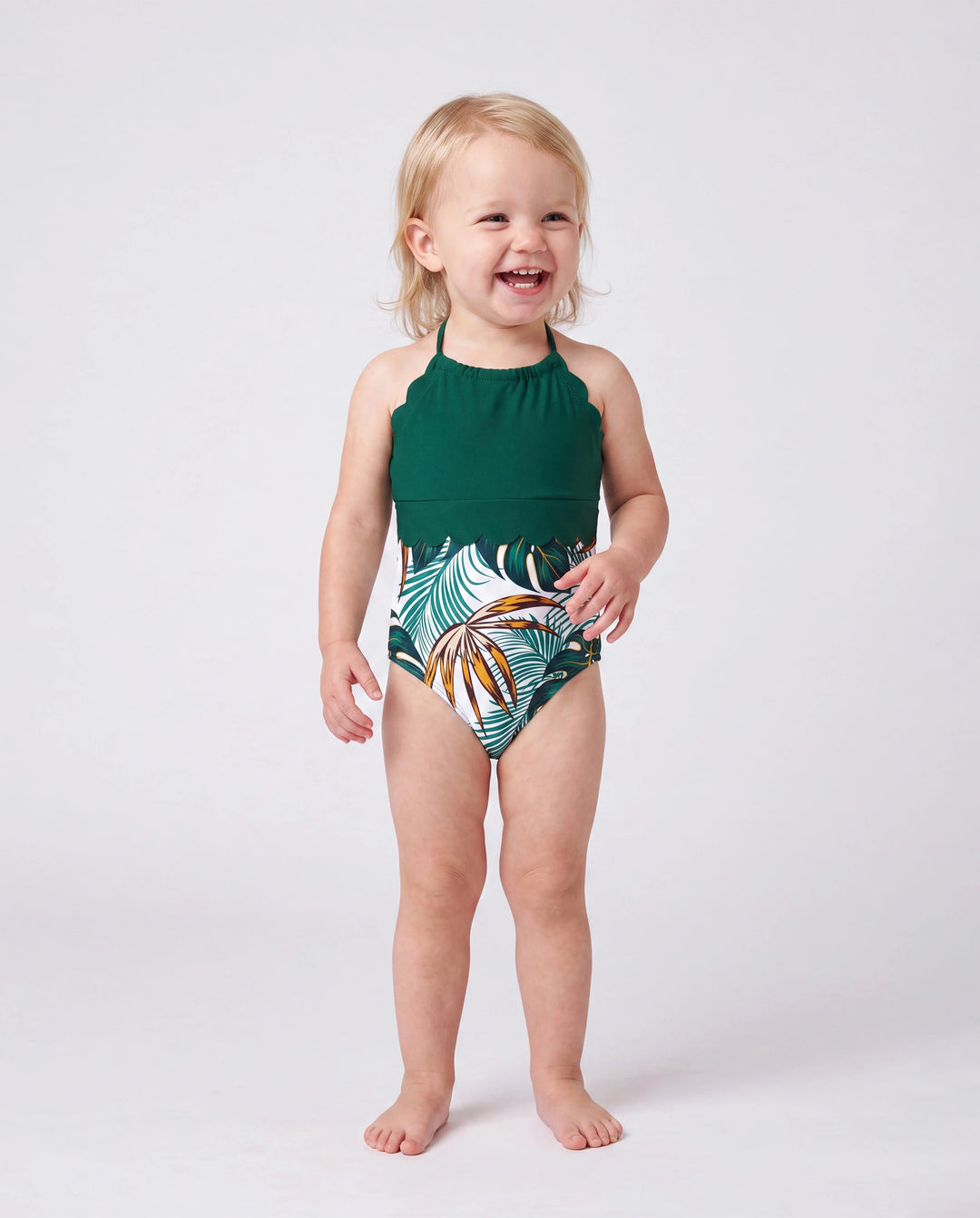 Family Matching Allover Plants Print Swim Trunks Shorts and V Neck Spaghetti Strap Splicing One-Piece Swimsuit Dark Green