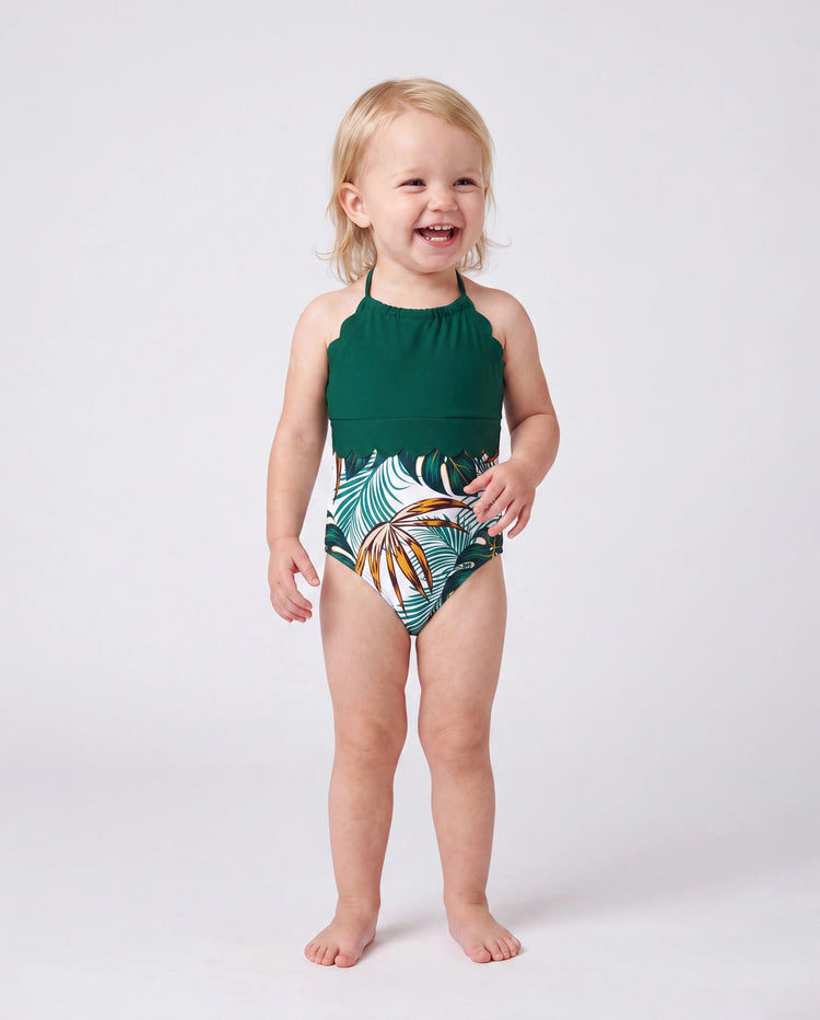 Family Matching Allover Plants Print Swim Trunks Shorts and V Neck Spaghetti Strap Splicing One-Piece Swimsuit Dark Green