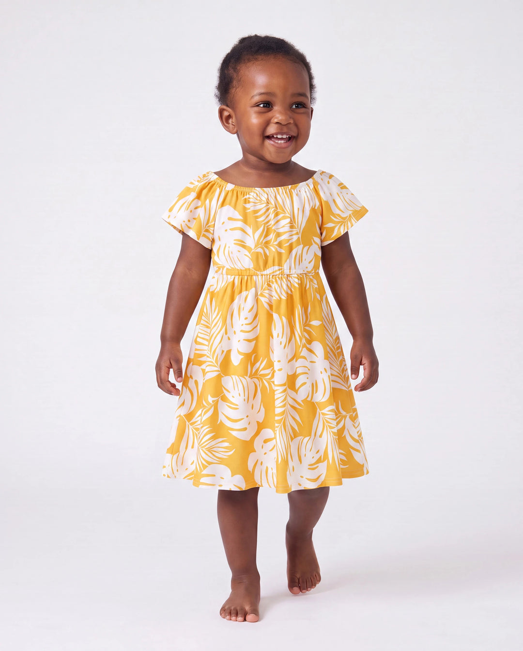 Family Matching Leaf Print  Flutter Dress or Short-sleeve Colorblock Shirts Yellow