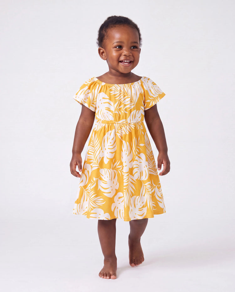 Family Matching Leaf Print  Flutter Dress or Short-sleeve Colorblock Shirts Yellow