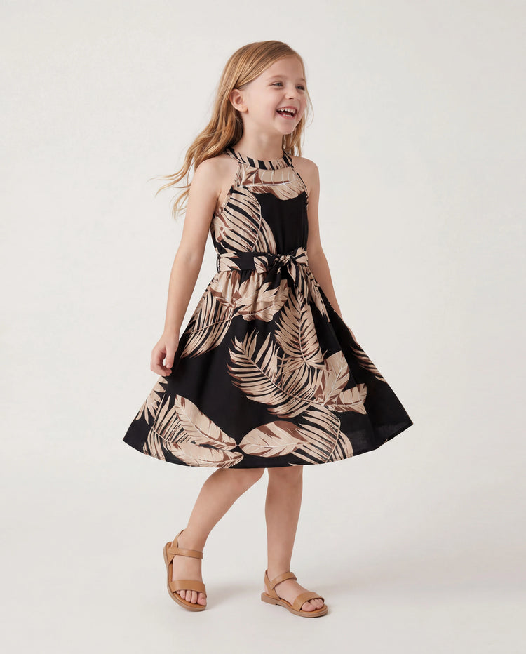 Family Matching Solid Leaf Sleeveless Halter Dresses And Short Sleeve Tops Sets Black