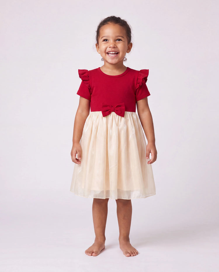 Family Matching Solid Color Short-sleeve Laper-collar Tops and Mermaid/Mesh Dresses Sets Red