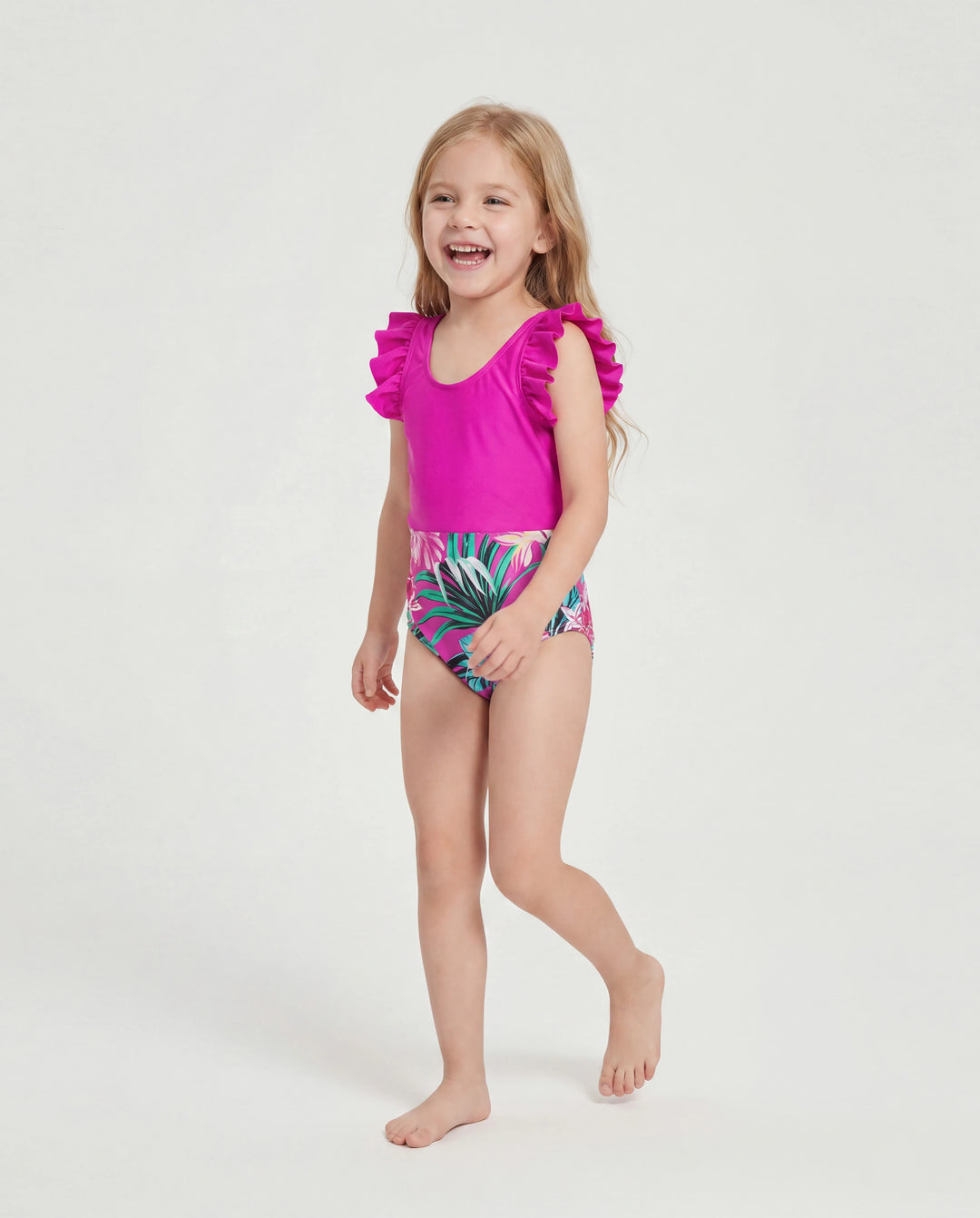 Family Matching Swimsuits Tropical Pink Leaf Print Halter One-Piece Swimwear or Swim Trunks Set Pink
