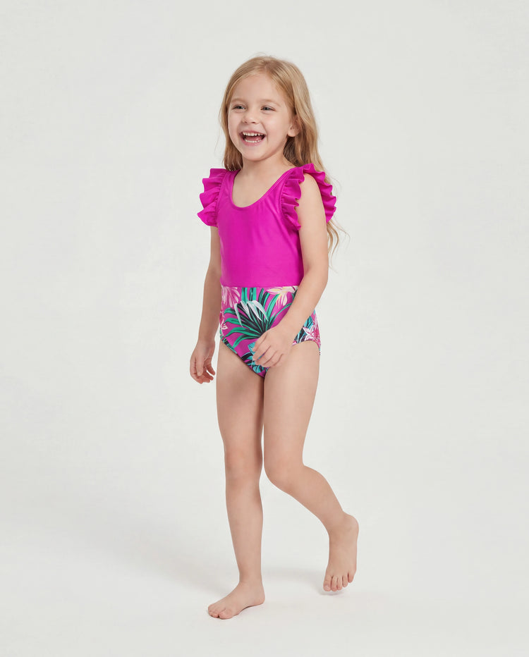 Family Matching Swimsuits Tropical Pink Leaf Print Halter One-Piece Swimwear or Swim Trunks Set Pink
