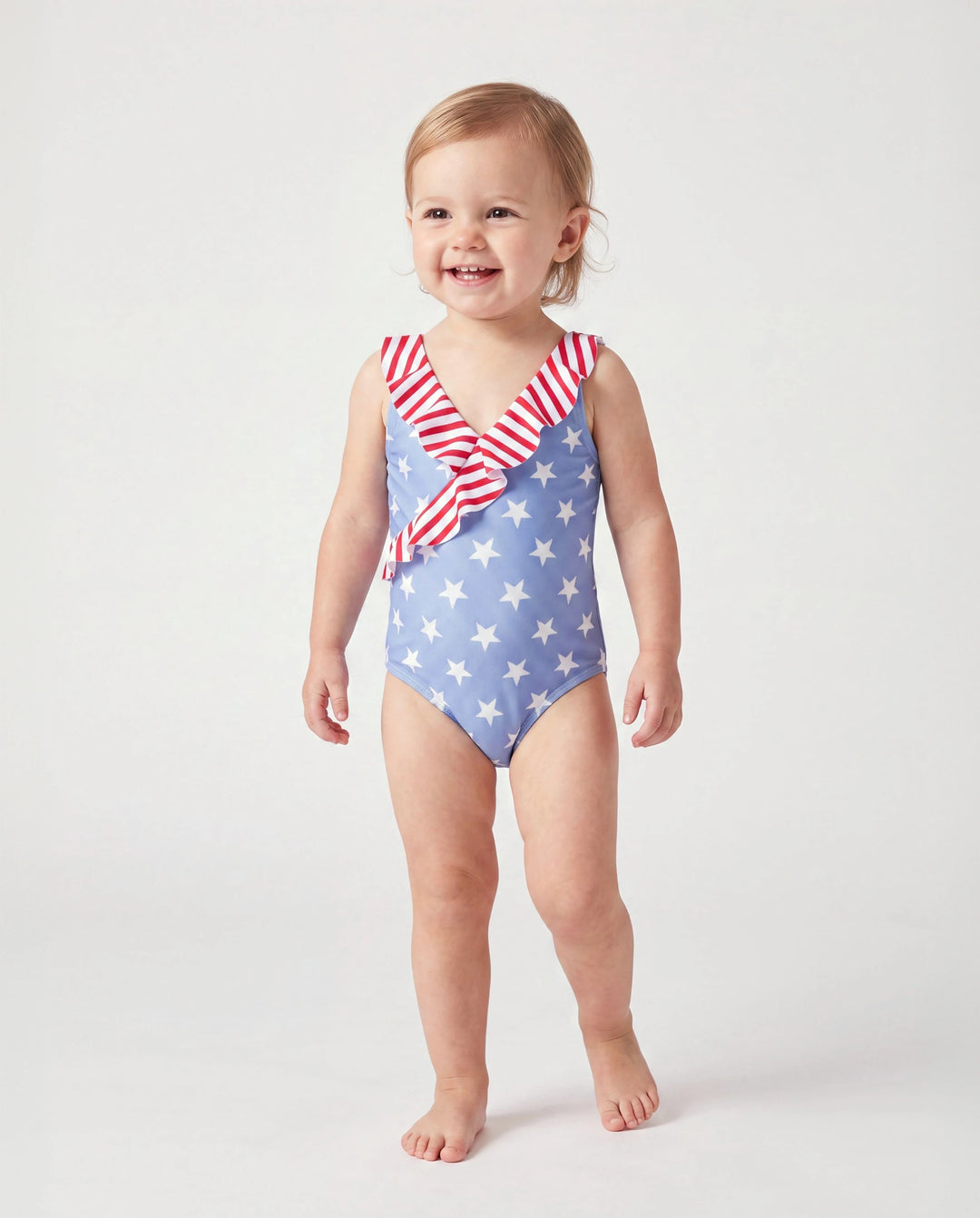 Independence Day 4th of July Daddy & Daughter Patriotic Swimwear Stars and Stripes Board Shorts or Ruffled Layers V-neck One-Piece Swimsuits Blue