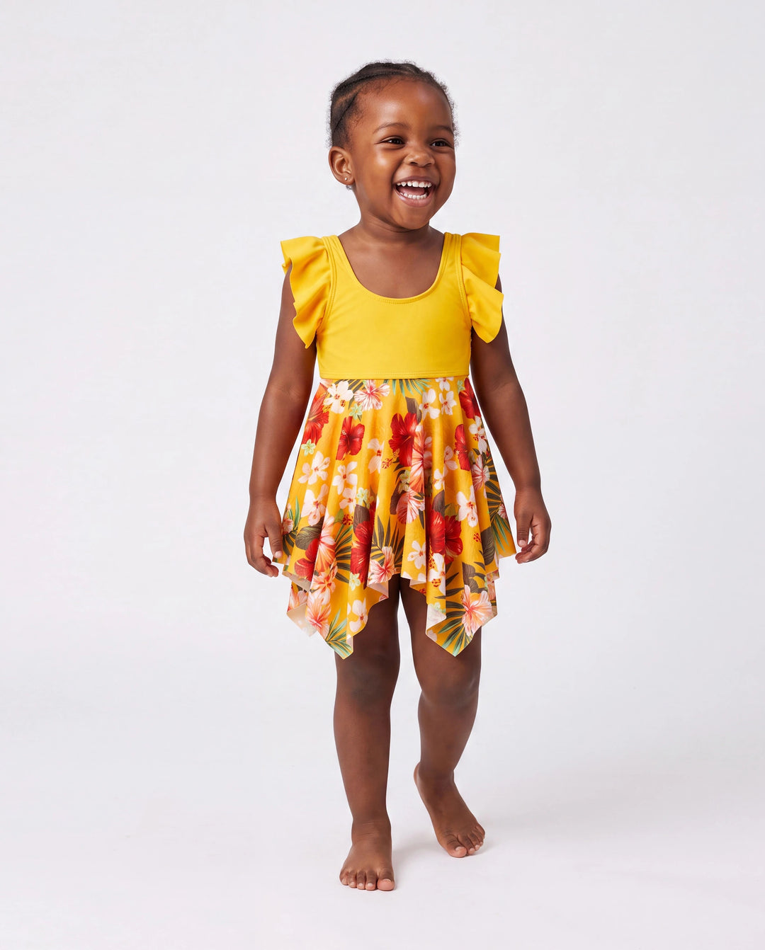 Family Matching Floral Drawstring Swim Trunks or Flowy Spliced Mesh Swim Dress with Triangle Swim Bottom Yellow