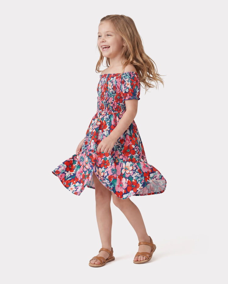 Family Matching Floral Print Short-sleeve Shirt or Off Shoulder Smocking Dresses Set Dark Blue