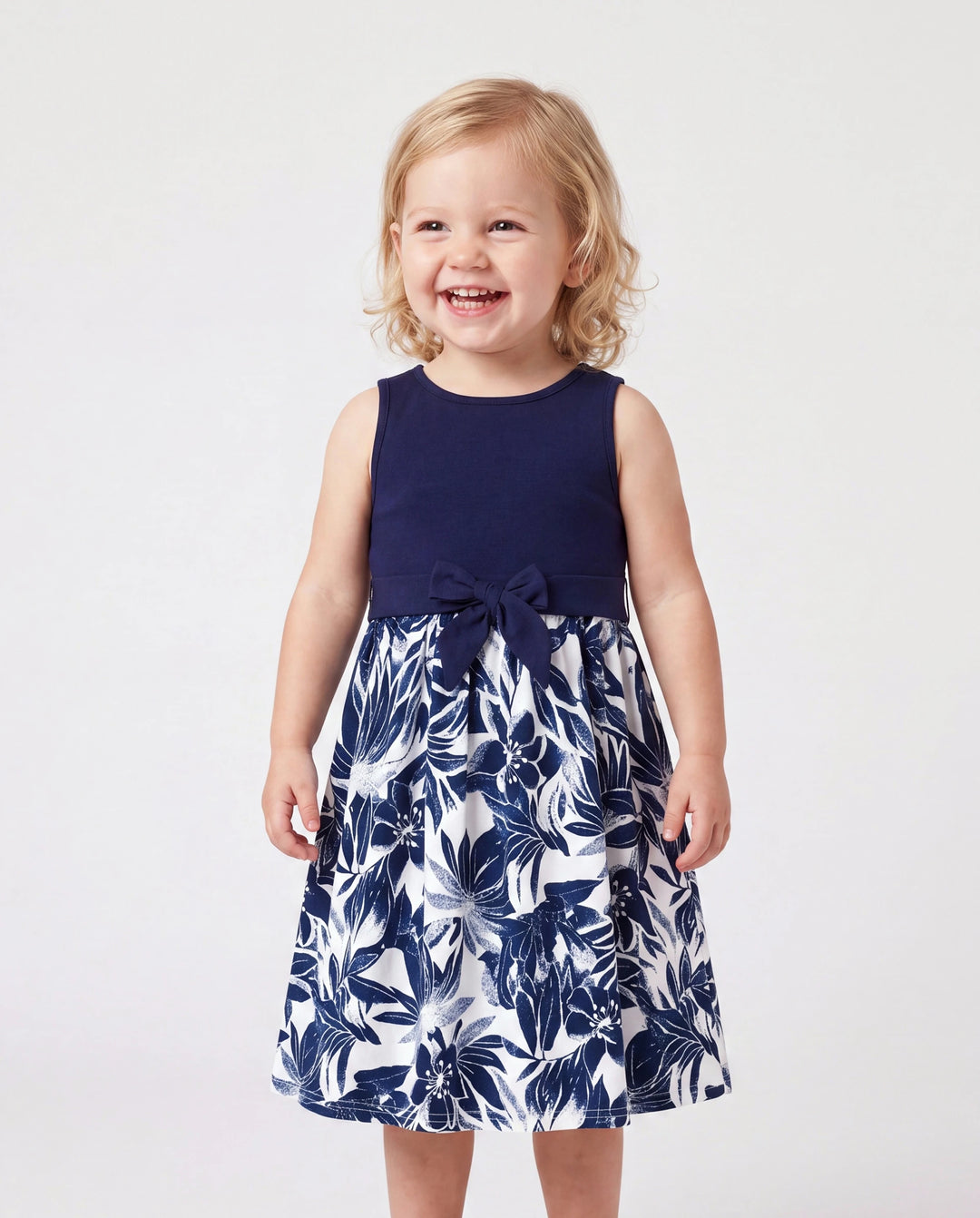 Conjunto familiar a juego para mamá y yo: camiseta de algodón con estampado floral o vestido tipo tank azul profundo