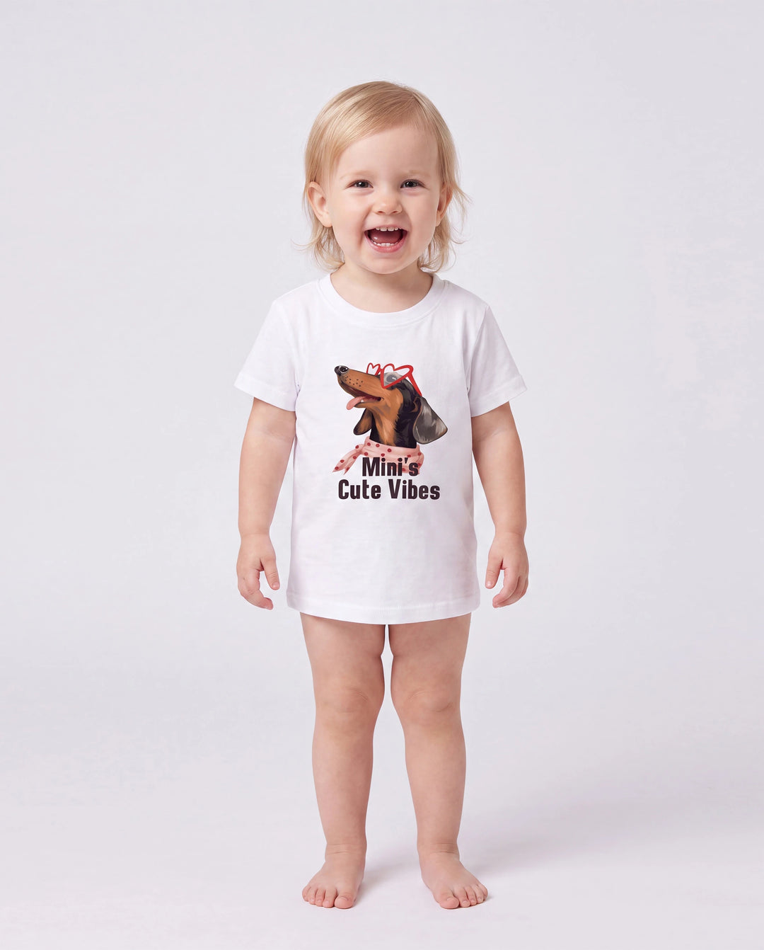 Mommy-and-Me Dackel-Graphic-T-Shirts – „Mom’s Cool Vibes“ Matching Baumwoll-T-Shirt mit Hunde-Print in Weiß.
