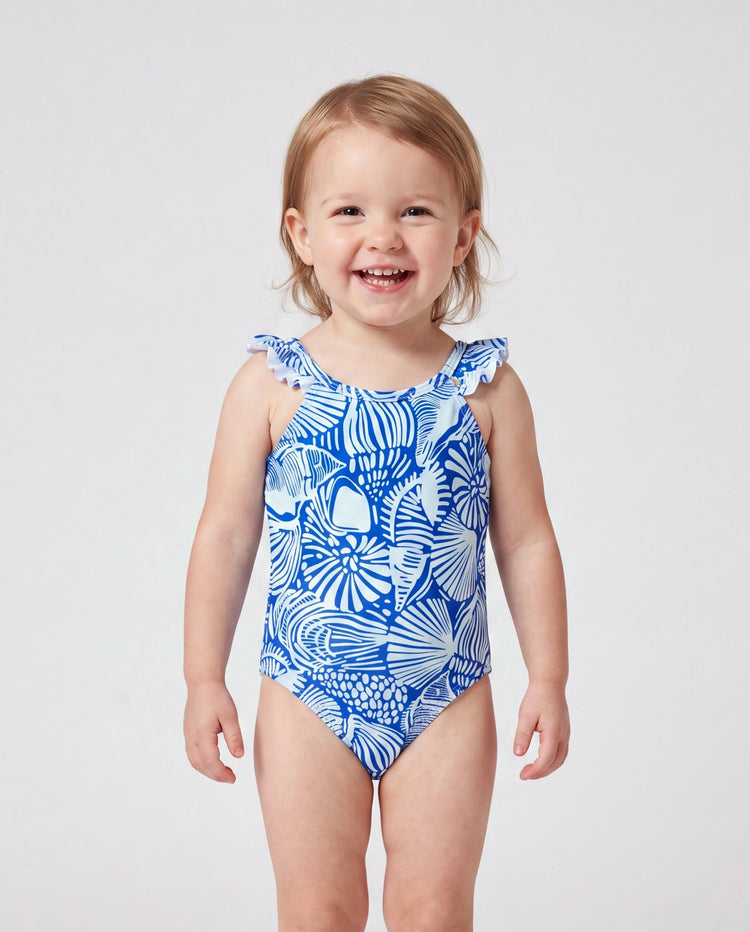 Traje de baño con estampado de conchas para papá e hija Bikini floral de dos piezas y set de shorts para mamá, papá y niños, perfecto para días de playa y fiestas en la piscina azul