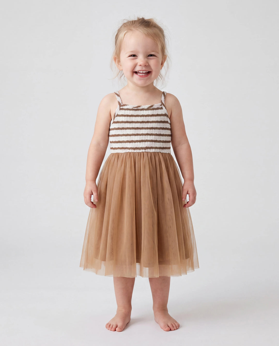Matching Striped Dresses for Mommy & Me  Twist-Front Dress with Tulle Skirt, Perfect for Summer Family Outings & Photos Khaki