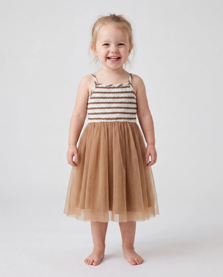 Matching Striped Dresses for Mommy & Me  Twist-Front Dress with Tulle Skirt, Perfect for Summer Family Outings & Photos Khaki