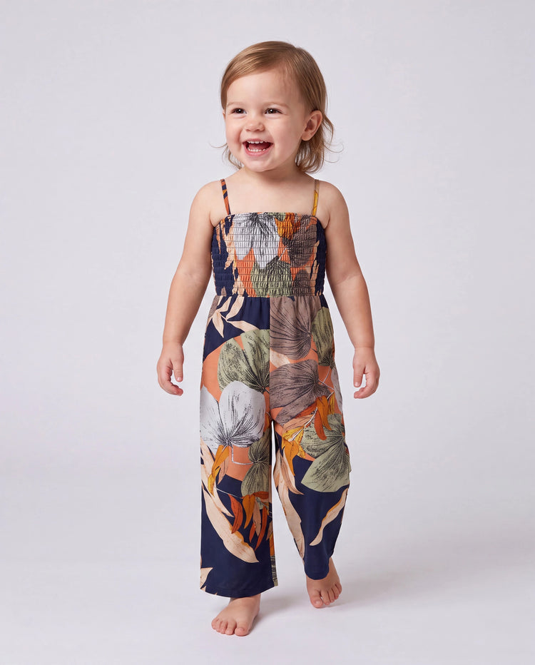 Familienpassende Jumpsuits mit tropischem Blumendruck und gesmoktem Oberteil und breitem Bein für Mama und mich tiefblau