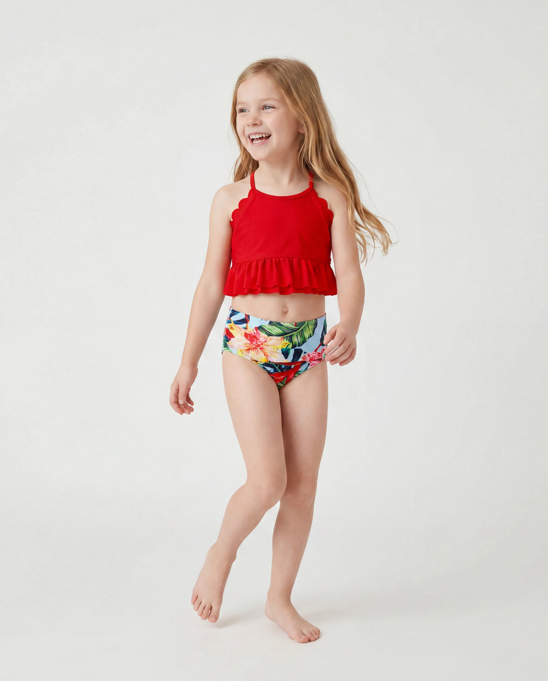 Maillot de bain à cordon de serrage fleuri assorti pour toute la famille ou bikini à bord coquillage froncé avec cache-maillot rouge en option