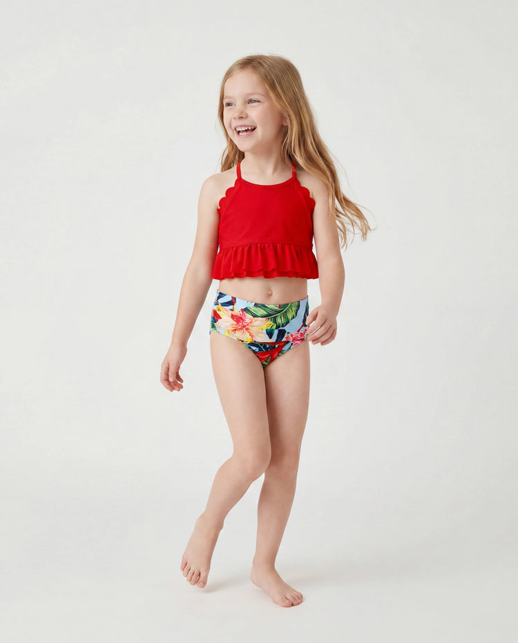 Maillot de bain à cordon de serrage fleuri assorti pour toute la famille ou bikini à bord coquillage froncé avec cache-maillot rouge en option