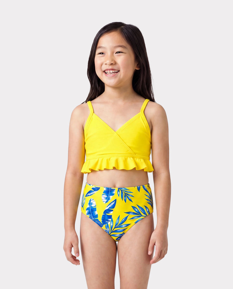 Mama & ich Gelber Blattdruck gerafftes Bikini mit flatternden Ärmeln und optionalem Badeüberwurf Gelb