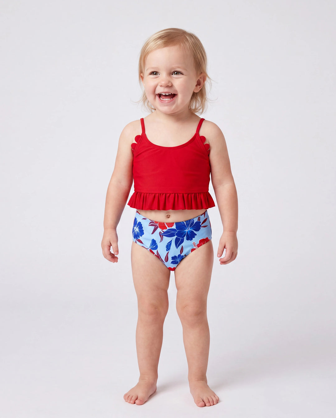 Familien-Matching-Badebekleidung mit Blumenprint – Bikini- und Badehosen-Set für Mama, Papa und Kinder, perfekt für Sommertage am Strand und Poolpartys in Rot.
