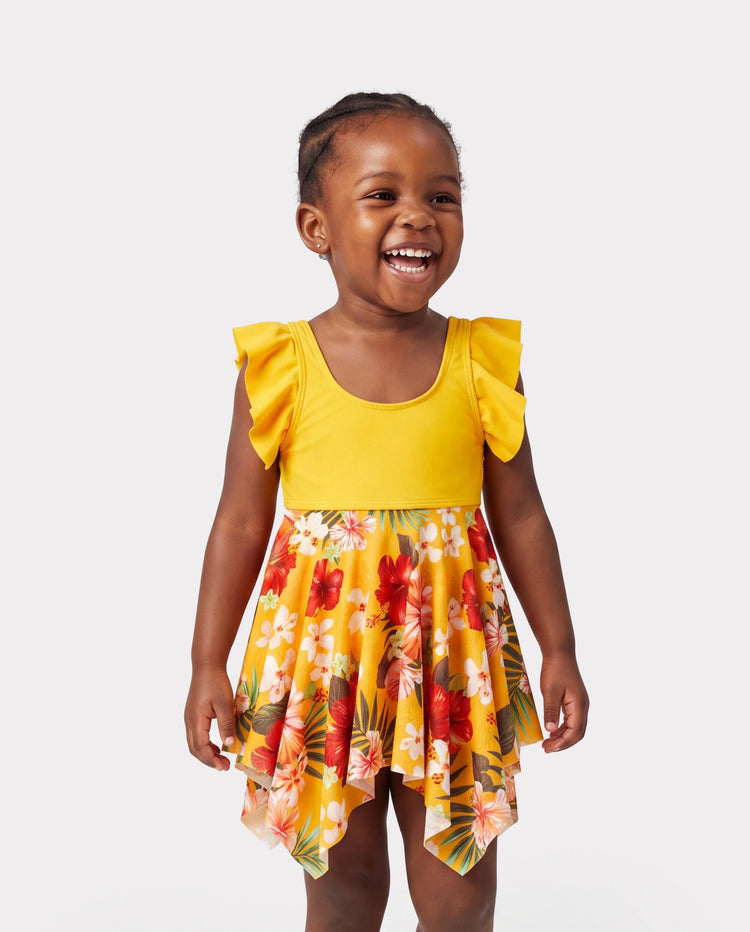 Mommy & me Floral Drawstring Flowy Spliced Mesh Swim Dress with Triangle Swim Bottom Yellow