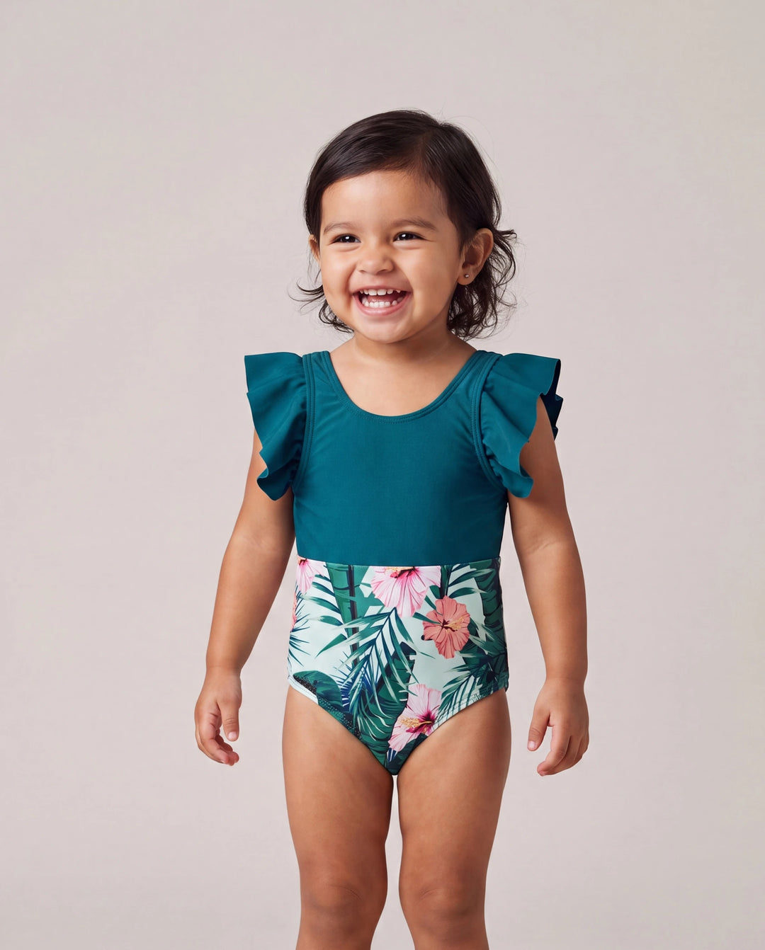 Mommy & me Plant Print Ruffle Trim Spliced One-piece Swimsuit Green
