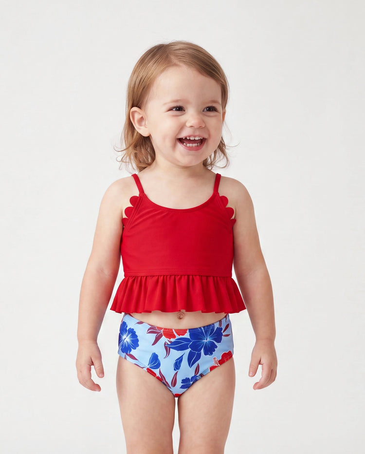 Ropa de baño para mamá y yo, conjunto de bikini y bañadores con estampado floral para mamá, papá y niños, perfecto para días de playa y fiestas en la piscina Rojo
