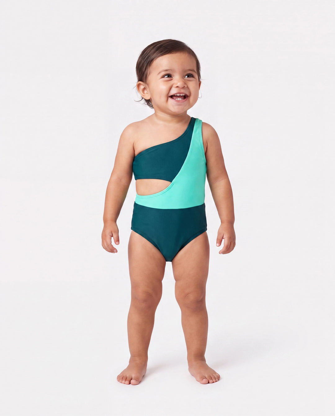 Family Matching Colorblock One Shoulder Cut Out One-piece Swimsuit and Striped Spliced Swim Trunks Shorts DeepTurquoise