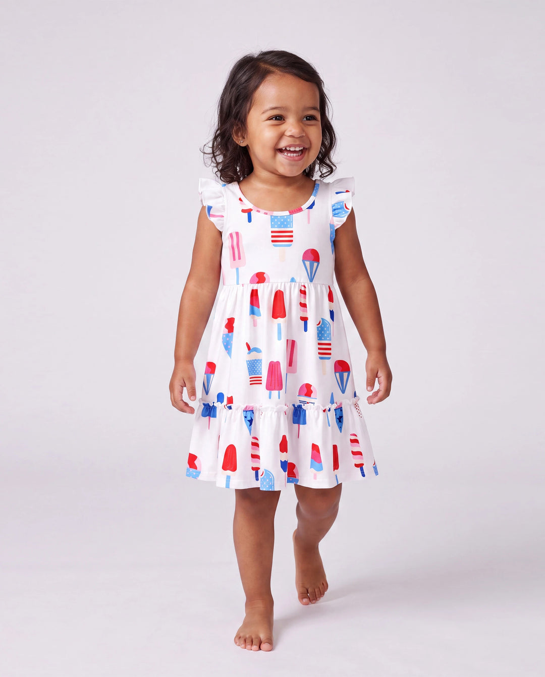 Independence Day Family Matching Patriotic Ice Cream Print Summer Cotton T-shirt & V-Neck Dresses White