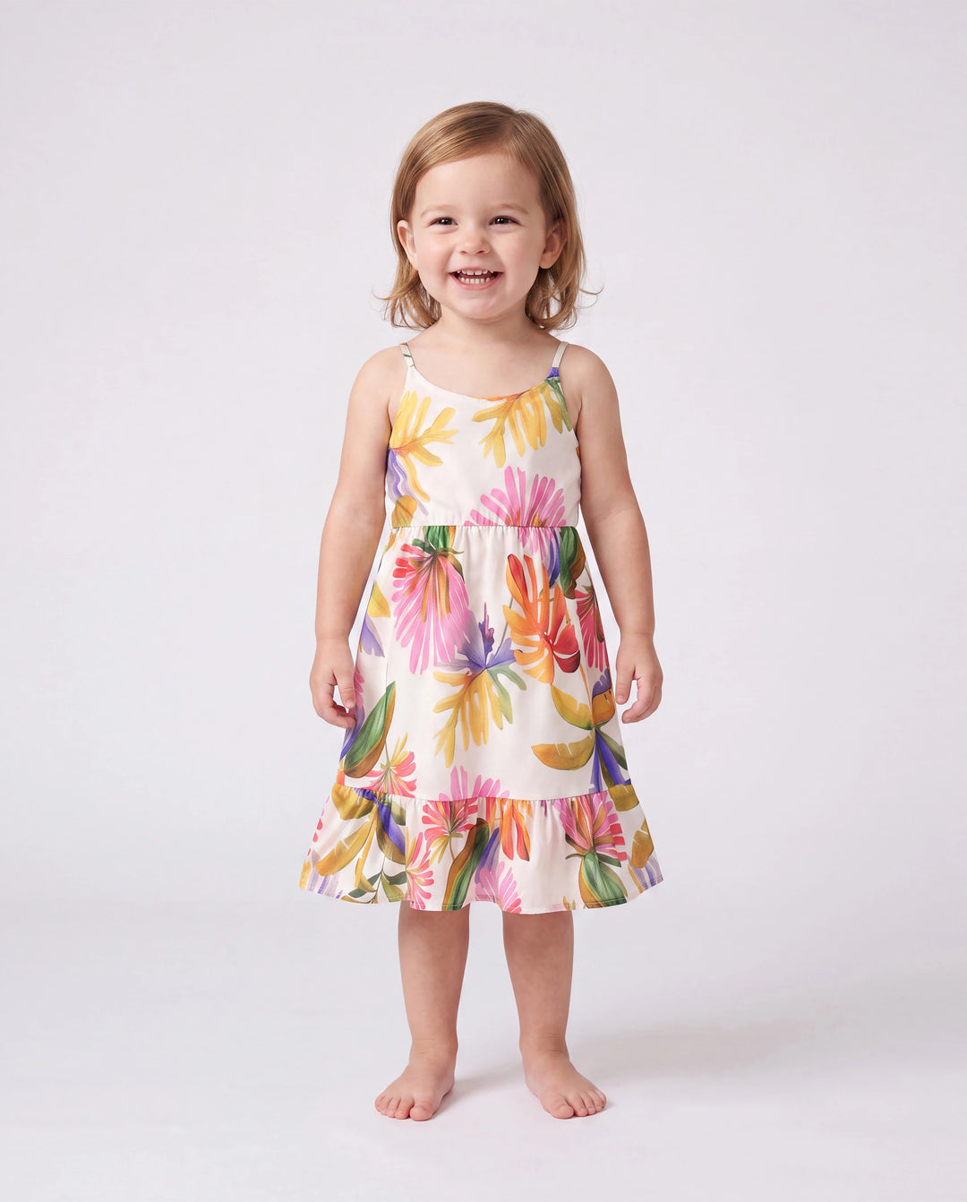 Family Matching Sets Tropical Floral V-Neck Dress & Short Sleeve Tee with Adjustable Straps Deep White Apricot