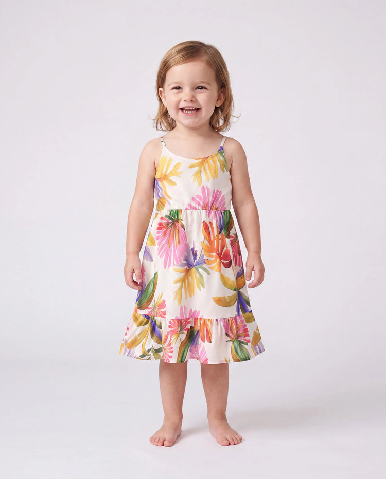 Family Matching Sets Tropical Floral V-Neck Dress & Short Sleeve Tee with Adjustable Straps Deep White Apricot