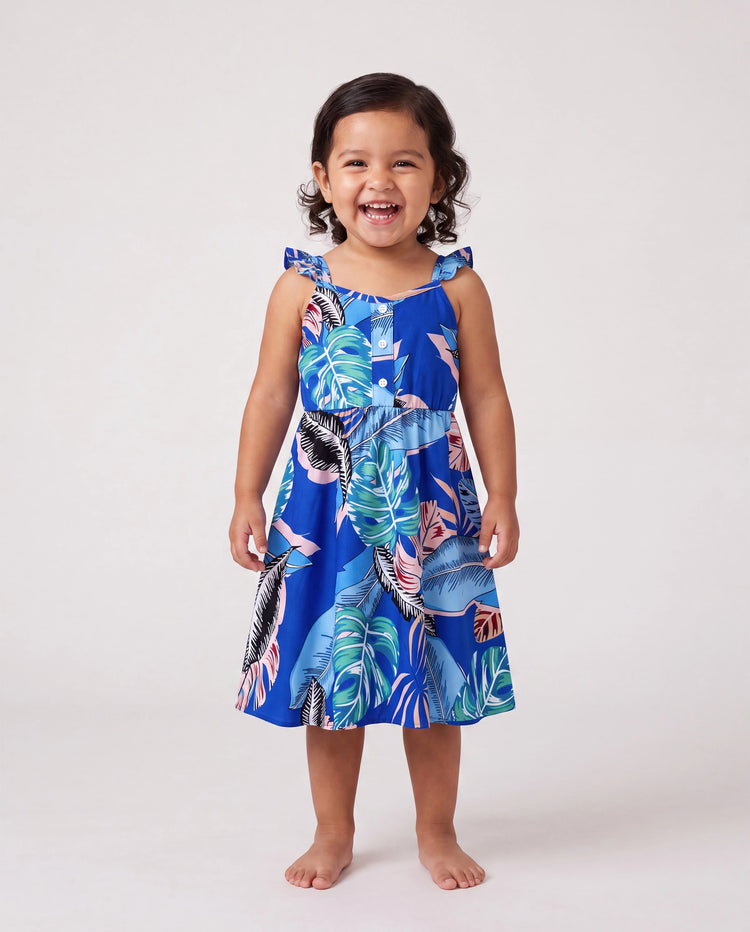Family Matching Tropical Dress & T-shirt Set – Blue Floral Print for Dad, Mom, Girls & Baby, Perfect for Summer Vacations and Family Photos Blue