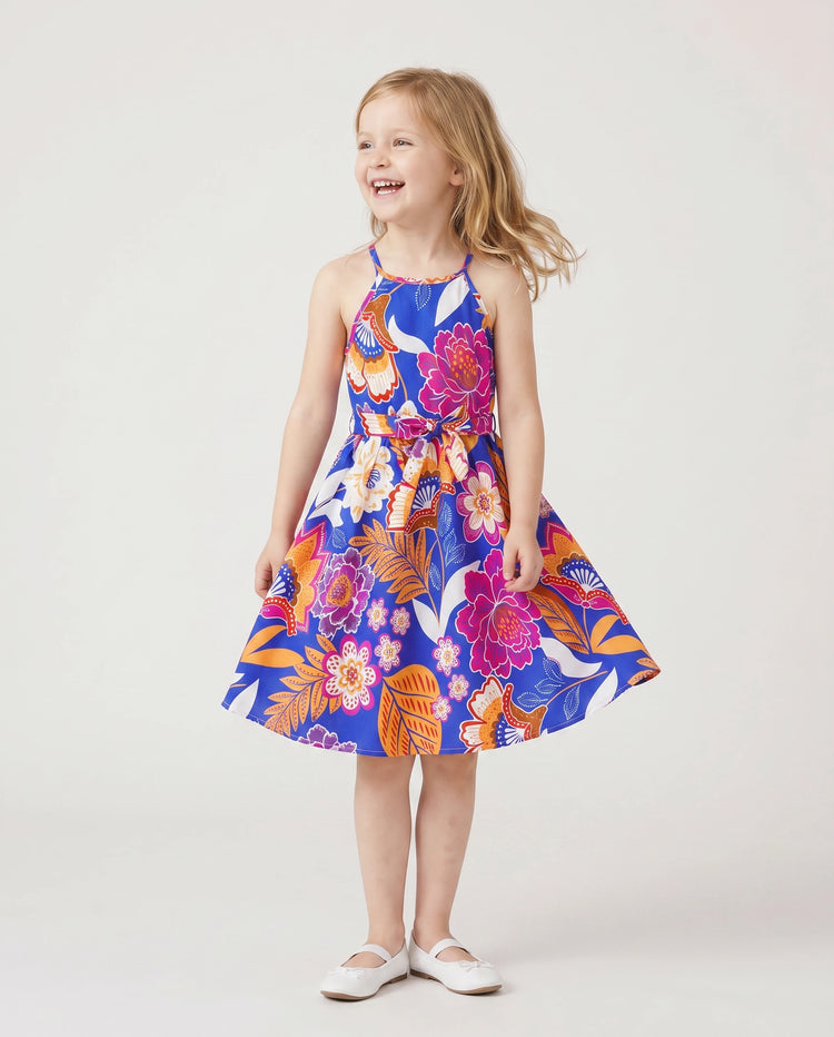 Tenues hawaïennes assorties pour la famille, vêtements de vacances à imprimé floral tropical, robe ceinturée à bretelles ou chemises à manches courtes, ensemble de vêtements de plage d'été bleu marine